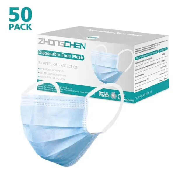 Face Masks BFE95%, 3-Ply Cotton Filter Medical Sanitary for Dust, Germ Protection and Personal Health Care (50/Box) - 702034