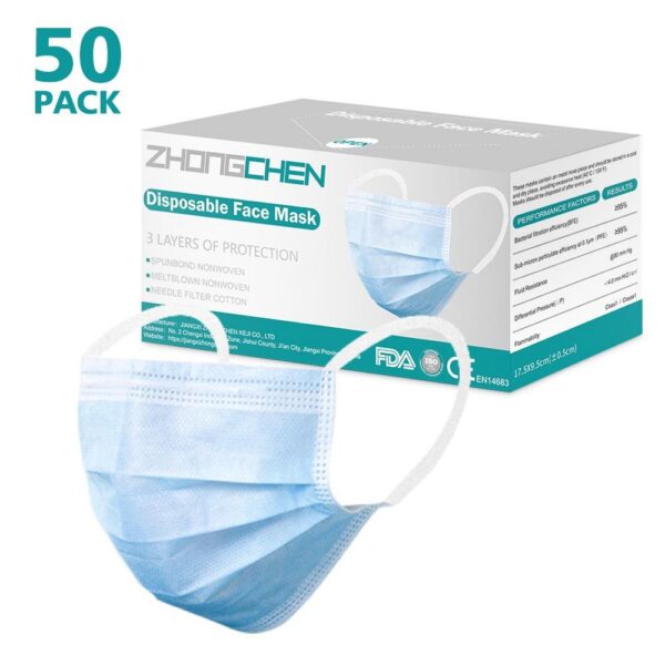 Face Masks BFE95%, 3-Ply Cotton Filter Medical Sanitary for Dust, Germ Protection and Personal Health Care (50/Box) - 702034